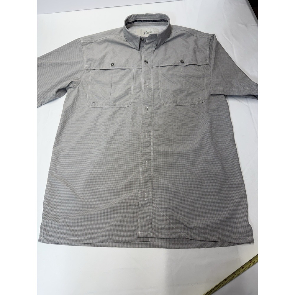 World Wide Sportsman Mens Gray Vented Fishing Shirt XL Short Sleeve Check Button